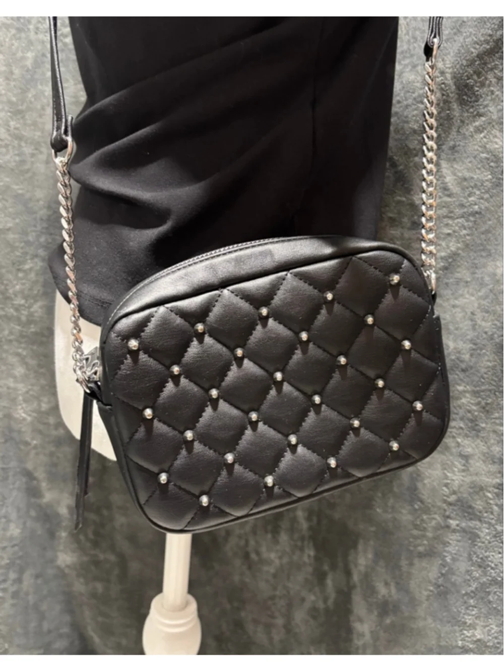NWT Rebecca Minkoff Black Quilted Studded Vegan Leather Mini Crossbody Bag READ